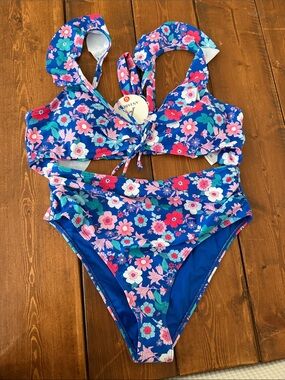 Floral High-Waist Two-Piece Bikini Set - Blue/Pink